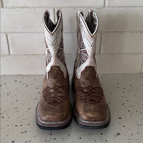 Dan Post Youth Cream and Brown Leather Western Boots Pull On Children’s Size 2 D - Picture 2 of 12